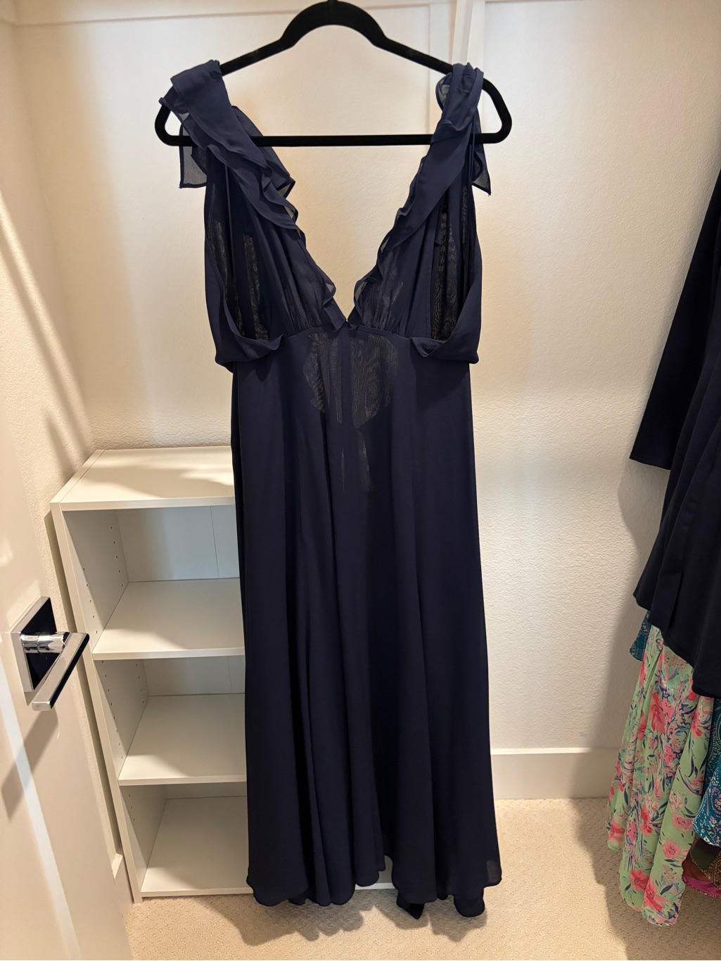 Reformation Navy Ruffle-Trim Slip Dress